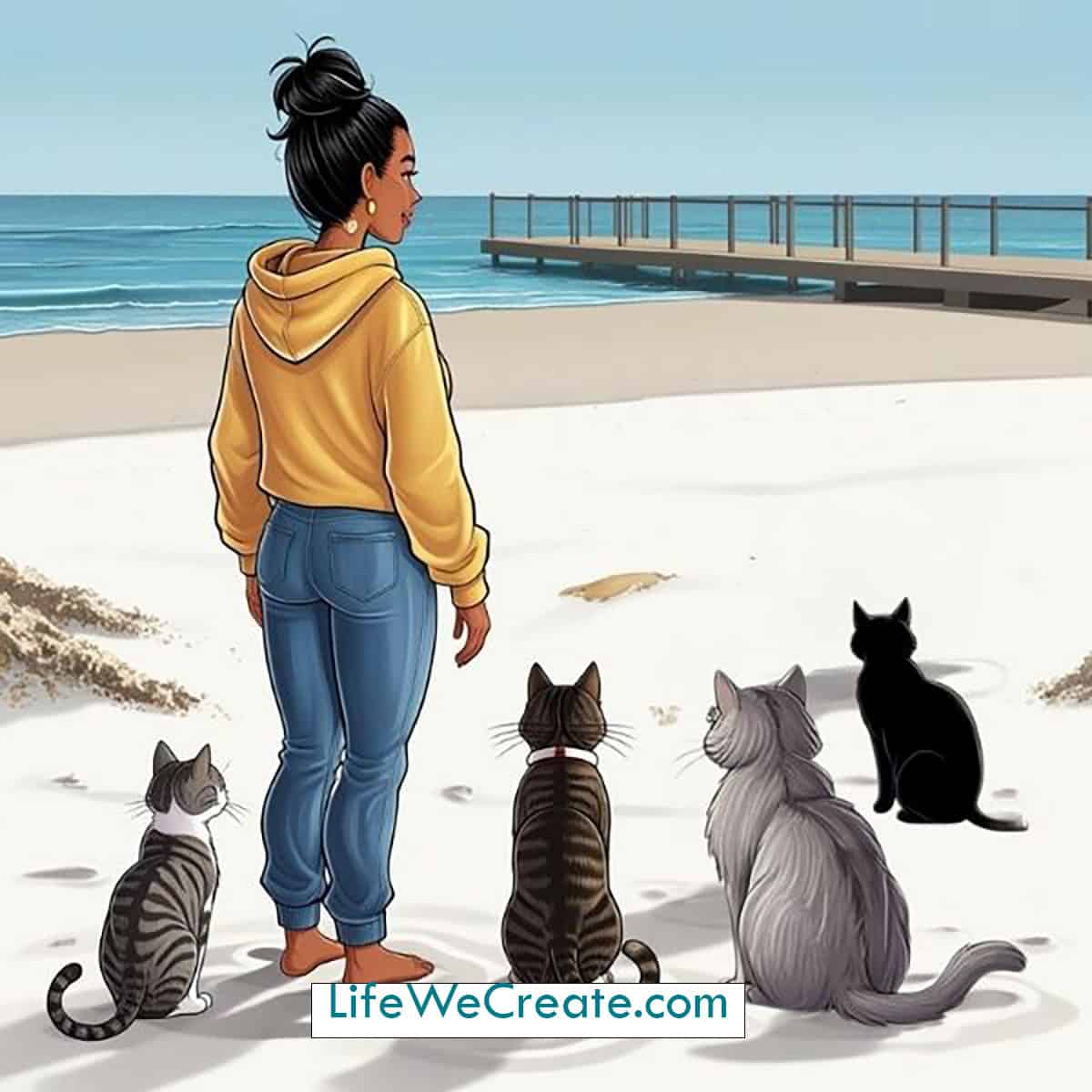 woman with 4 cats standing look out at the ocean